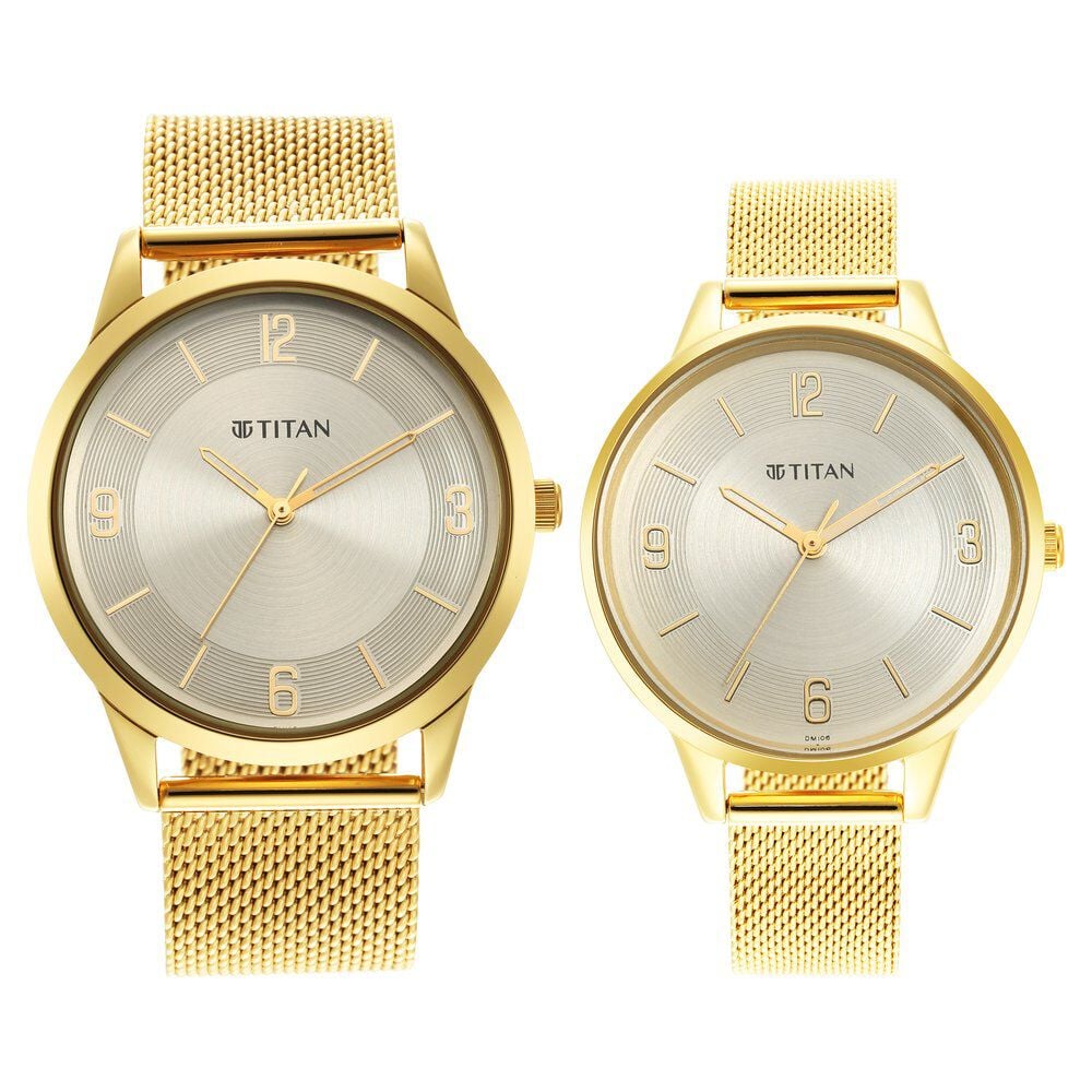 [18062648YM01P] Titan Bandhan Champagne Dial Analog Stainless Steel Strap watch for Couple