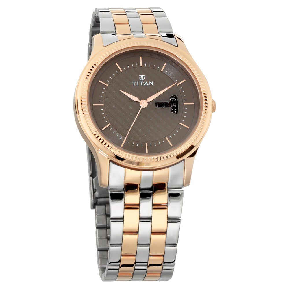 [1824KM01] Titan Brown Dial Analog with Day and Date Stainless Steel Strap Watch for Men