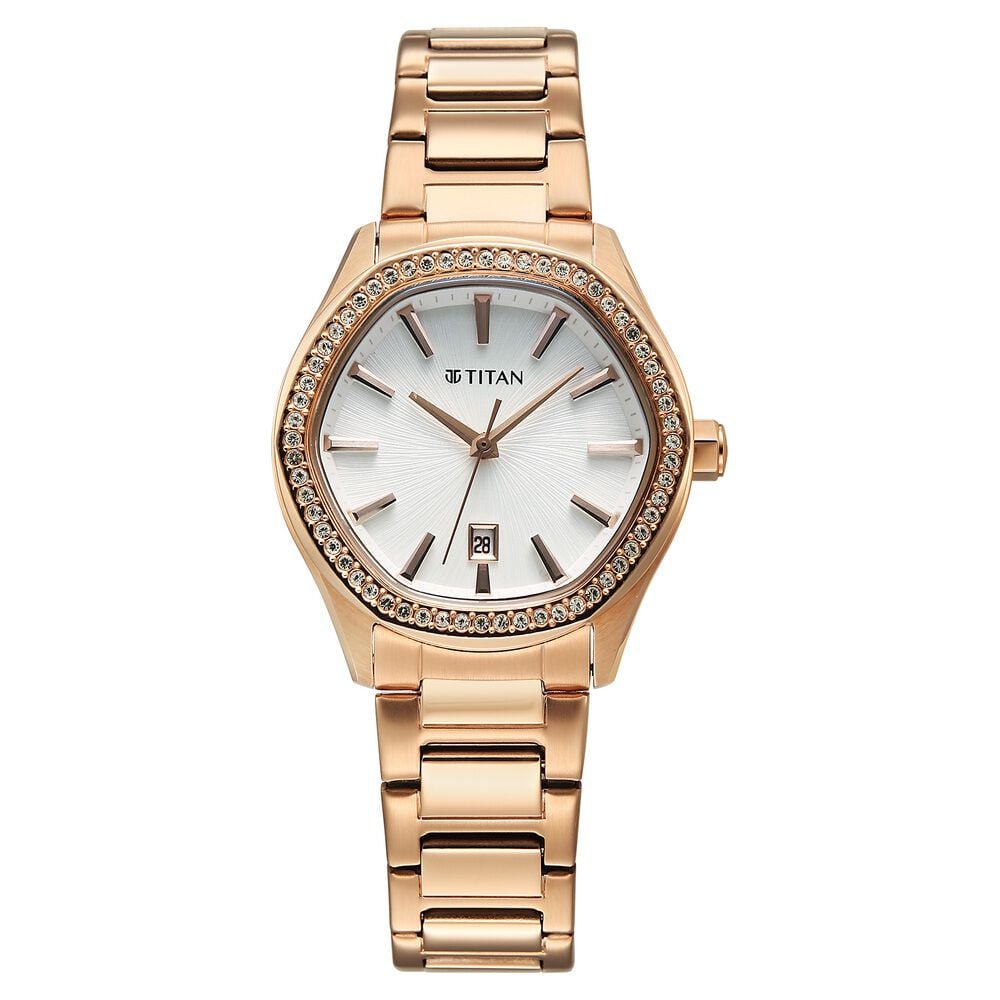 Titan Glamour Quartz Analog with Date Silver Dial Rose Gold Stainless Steel Strap Watch For Women