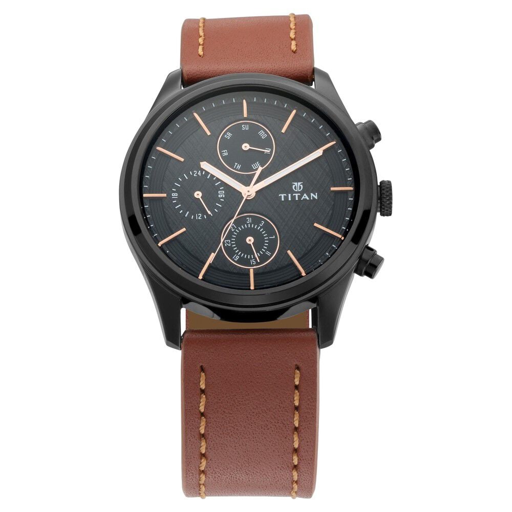 [1805NL01] Titan Men's Metropolitan Charm: Men's Multifunctional Black Watch with Leather Strap