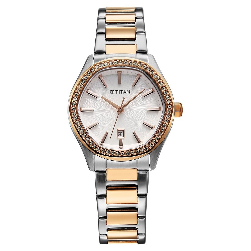 [95326KM01] Titan Glamour Quartz Analog with Date Silver Dial Two Toned Stainless Steel Strap Watch For Women