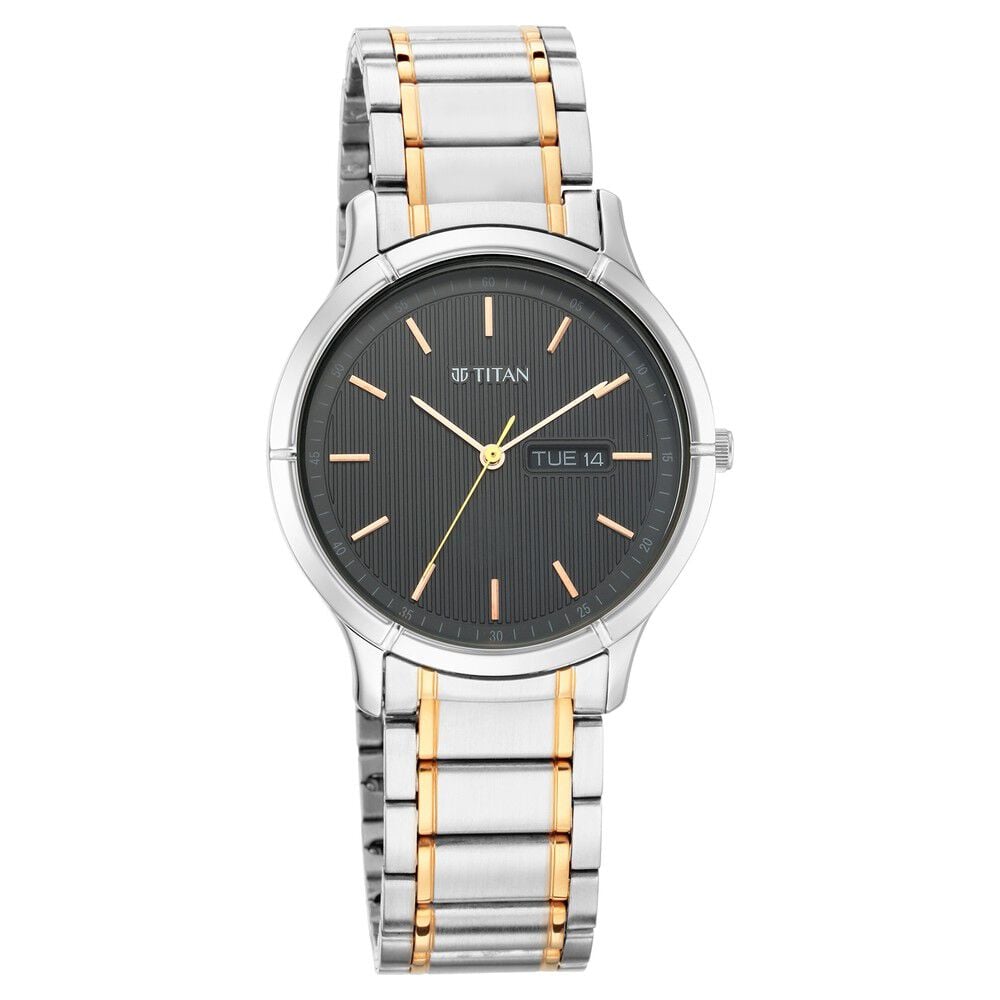 [1775km01] Titan Quartz Analog with Day and Date Black Dial Metal Strap Watch for Men