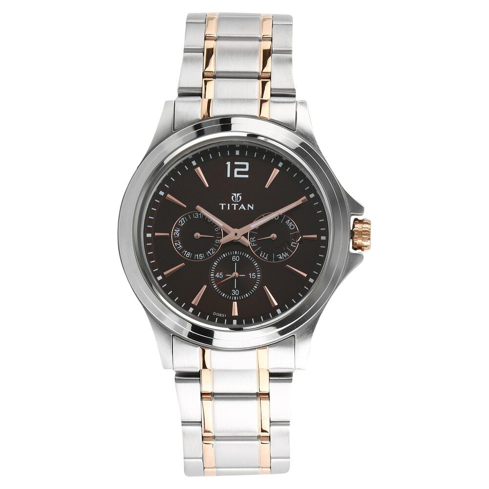[1698KM01] Titan Workwear Quartz Multifunction Brown Dial Stainless Steel Strap watch for Men