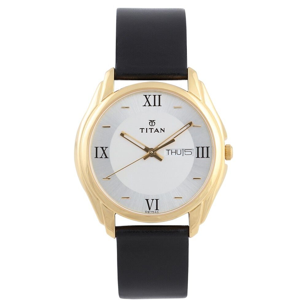 [1578YL04] Titan Quartz Analog with Day and Date Silver Dial Leather Strap Watch for Men