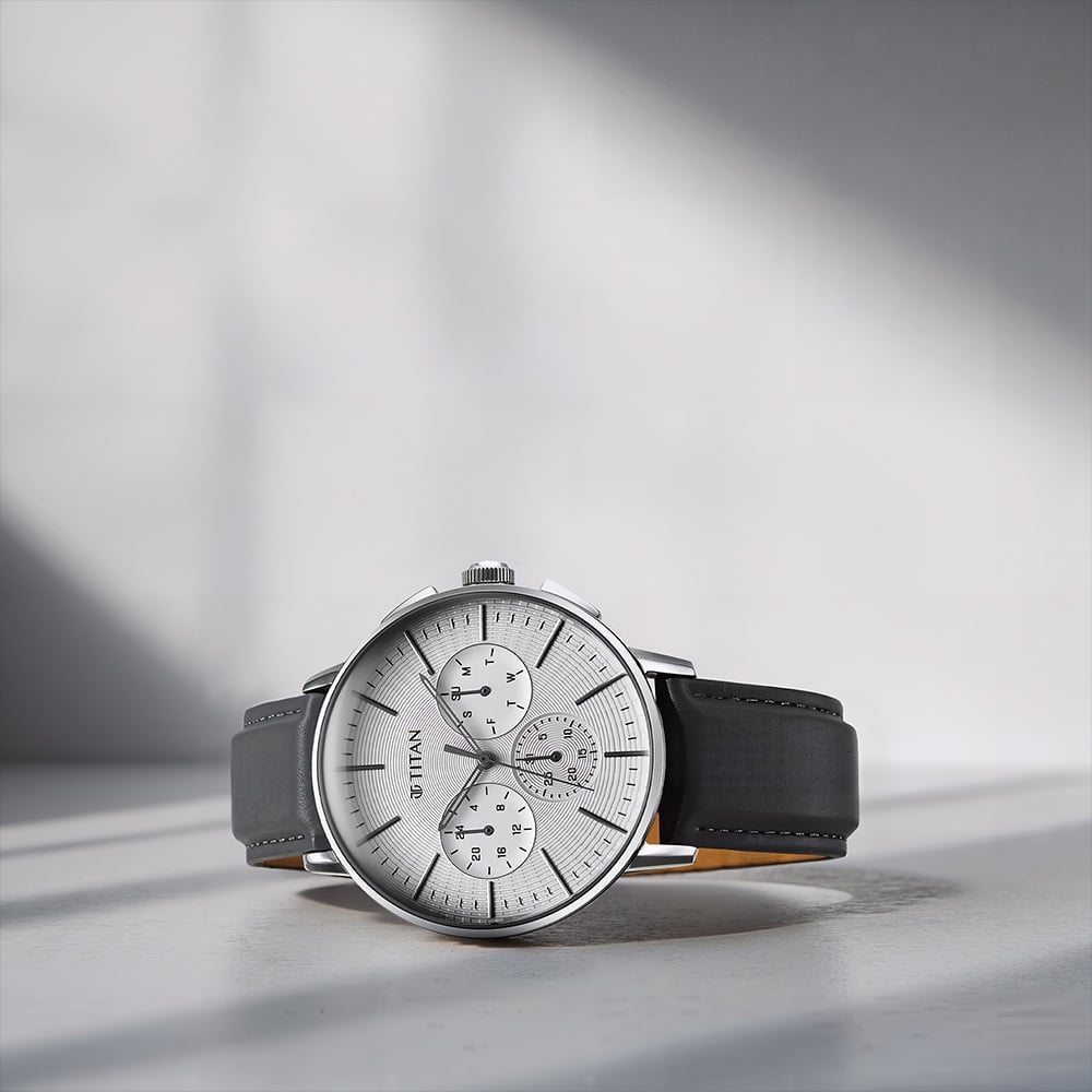 [90200SL01] Titan Light leathers Multifunction Silver Dial Leather Strap Watch For Men
