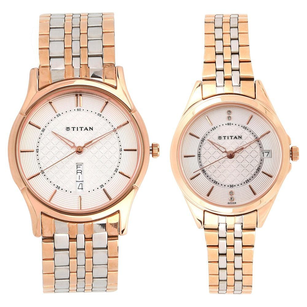 Titan Quartz Analog with Day and Date Silver Dial Stainless Steel Strap Watch for Couple