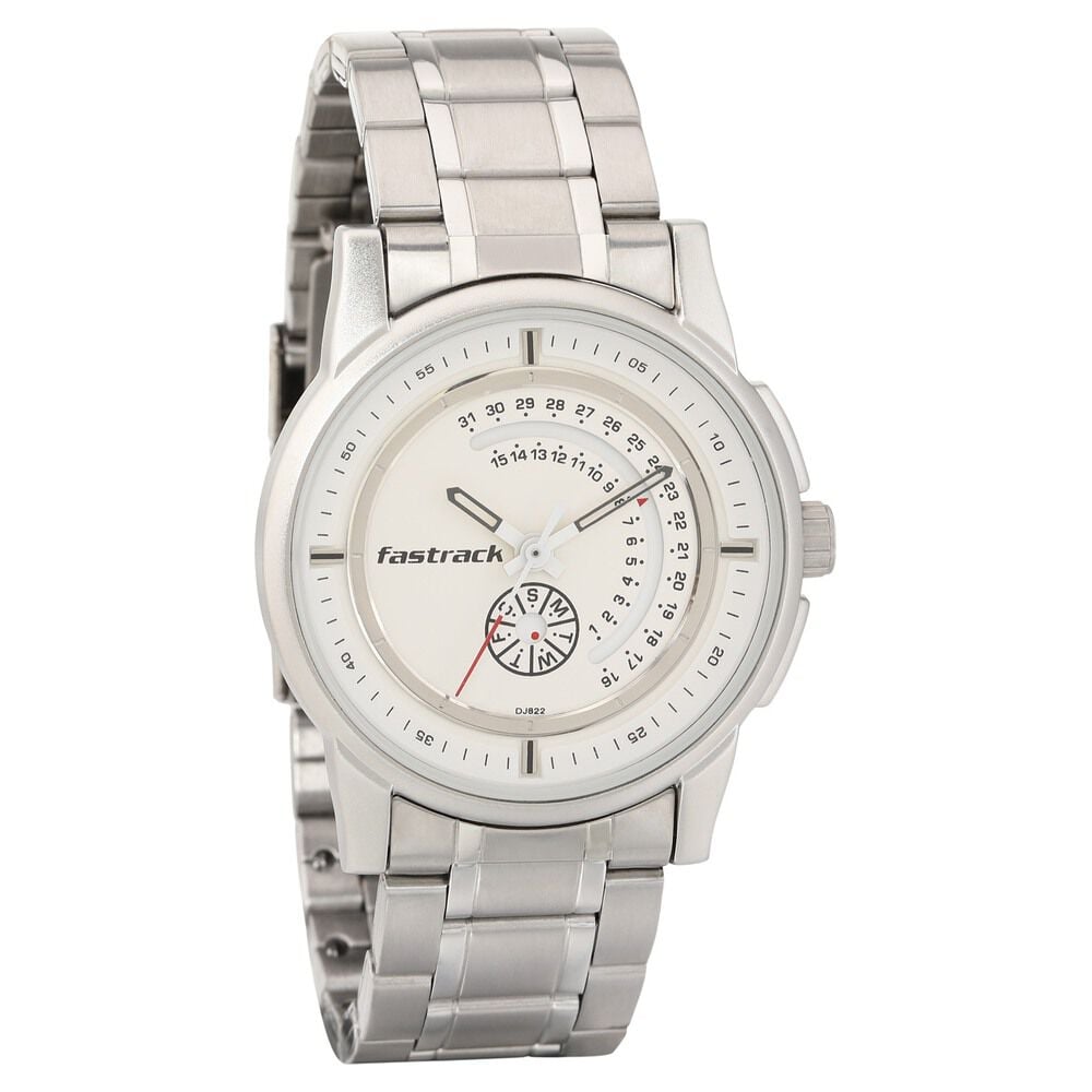 [3215SM01] Fastrack Go Skate Quartz Analog with Day and Date White Dial Stainless Steel Strap Watch for Guys