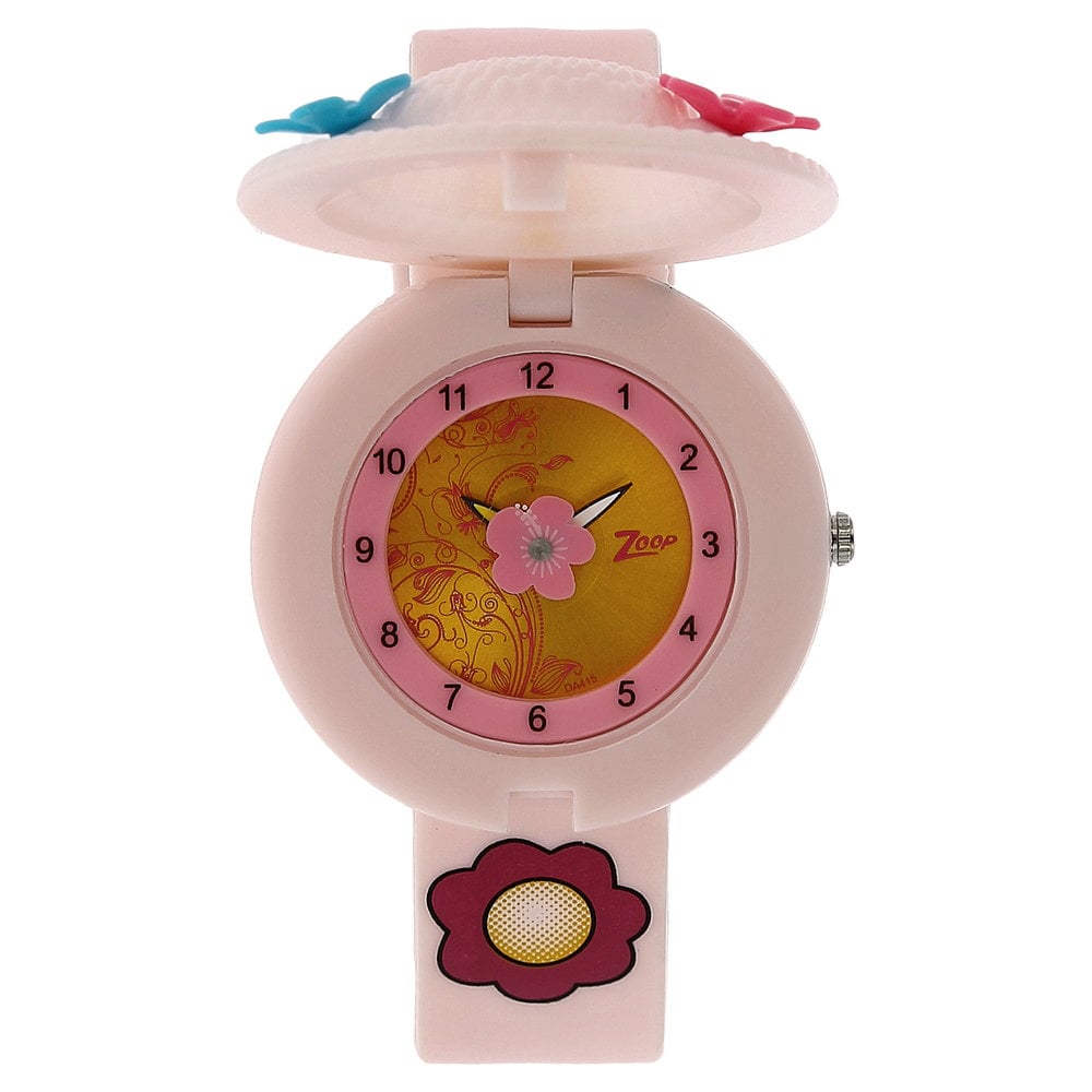 Zoop Analog Watch with Golden Dial & Pink Strap for Girls Kids, from House of Titan