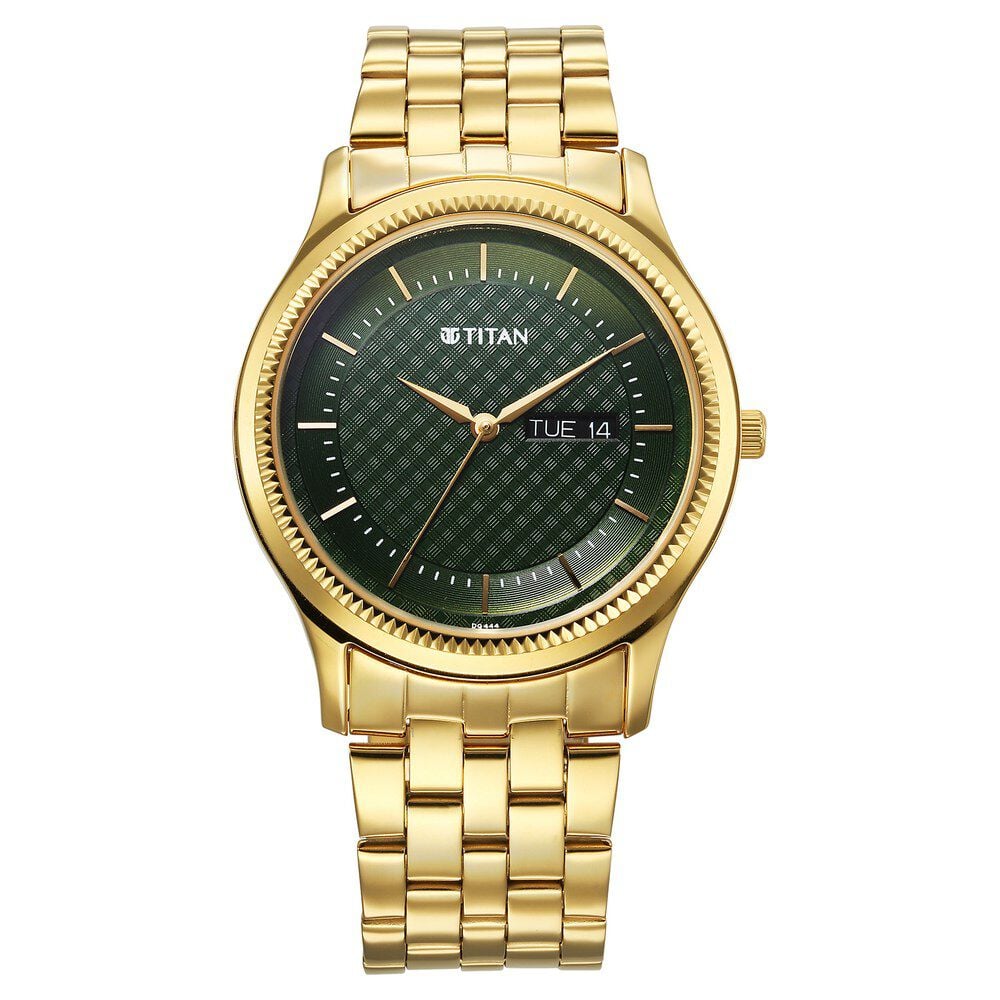 [1824YM02] Titan Karishma Quartz Analog with Day and Date Green Dial Stainless Steel Strap Watch For Men