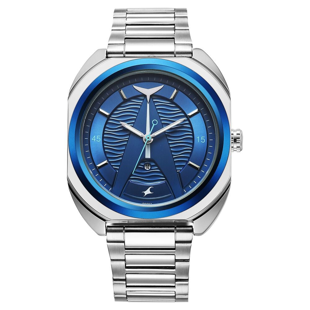 [3326KM01] Fastrack Oceanyx Quartz Analog with Date Blue Dial Silver Strap Watch For Guys