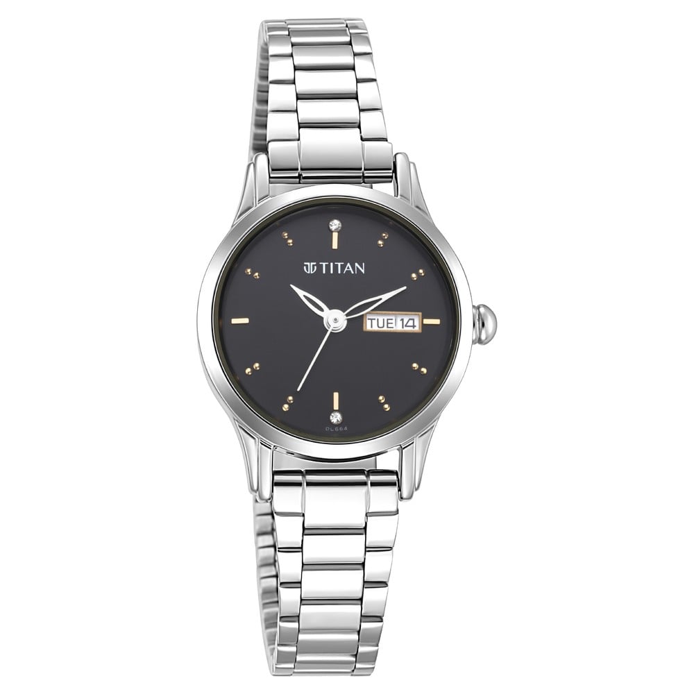[2656sm03] Titan Lagan Black Dial Analog with Day and Date Metal Strap Watch for Women