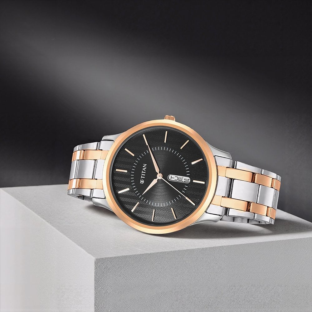 [1825KM02] Titan Karishma Quartz Analog Black Dial Two Toned Stainless Steel Strap Watch For Men