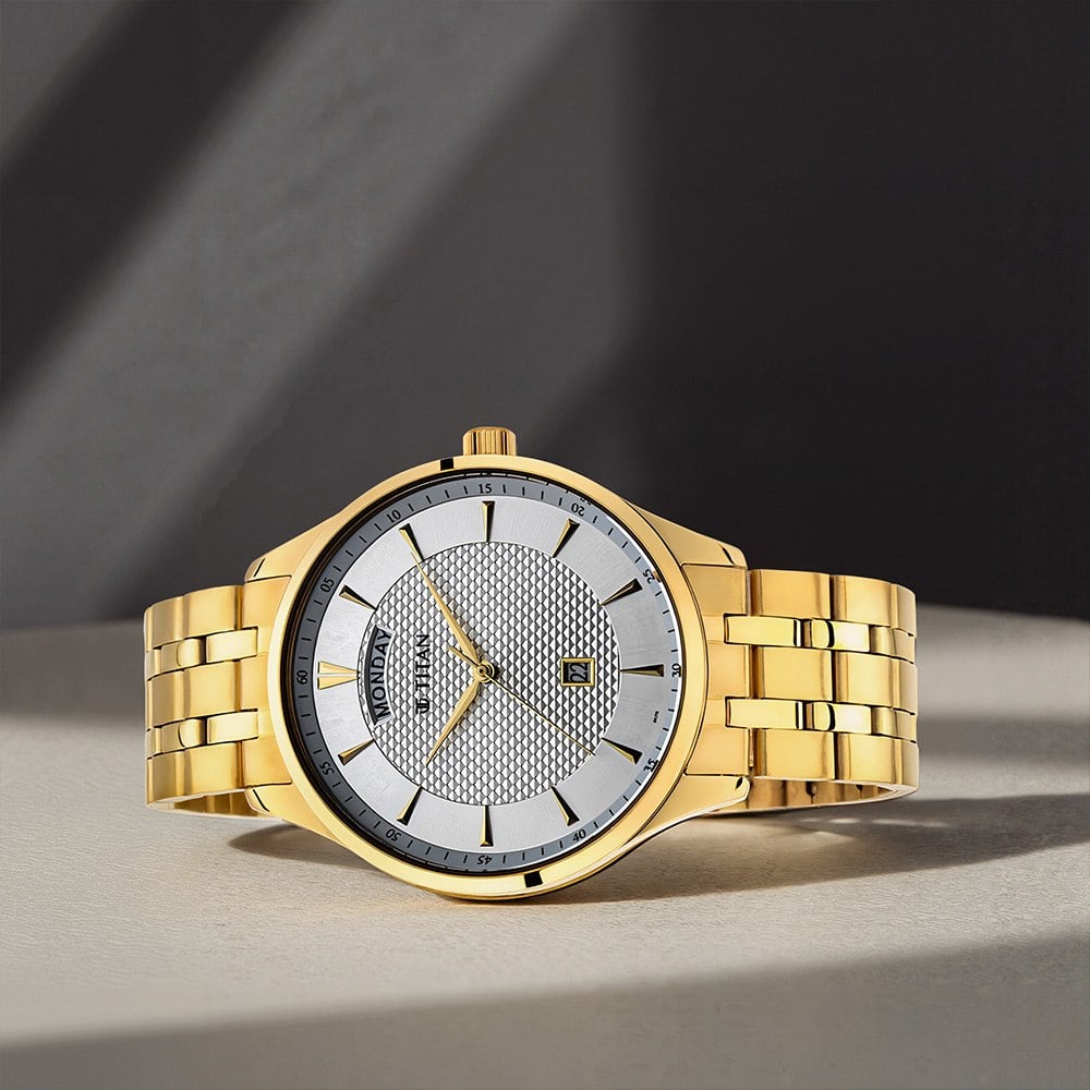 Titan Quartz Analog with Day and Date White Dial Stainless Steel Strap Watch for Men