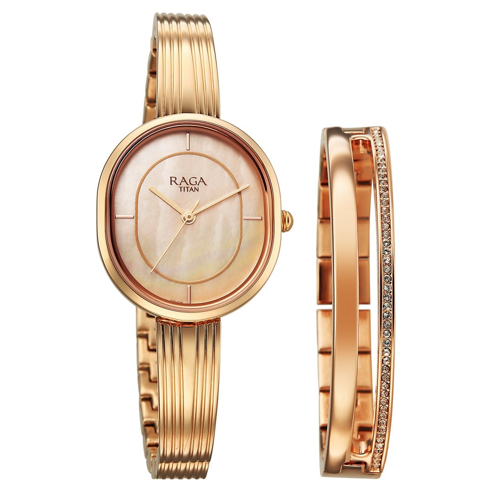 [2776wm01f] Titan Raga Contempore Quartz Analog Rose Gold Mother Of Pearl Dial Metal Strap Watch For Women