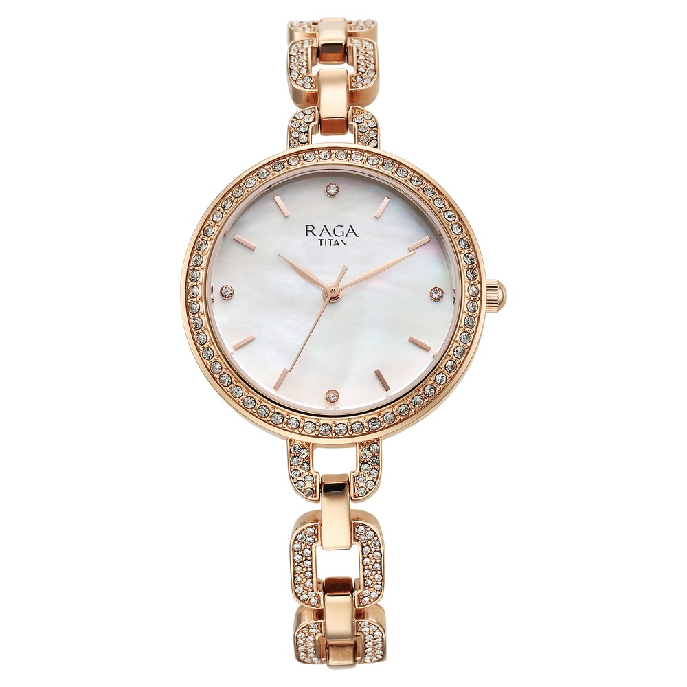 [95272wm01] Titan Raga Showstopper Quartz Analog Mother Of Pearl Dial Rose Gold Metal Strap Watch For Women