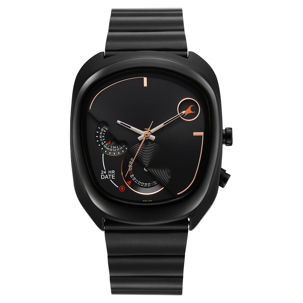 [3327NM01] Fastrack UFO Quartz Multifunction Black Dial Black Stainless Steel Strap Watch For Guys