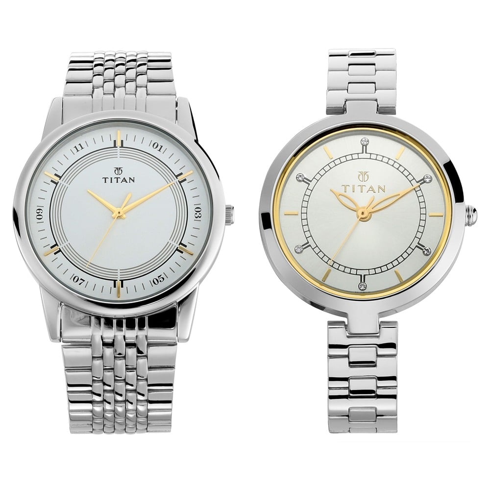 [17732603SM01] Titan Bandhan Quartz Analog Silver Dial Silver Stainless Steel Strap Watch For Couple
