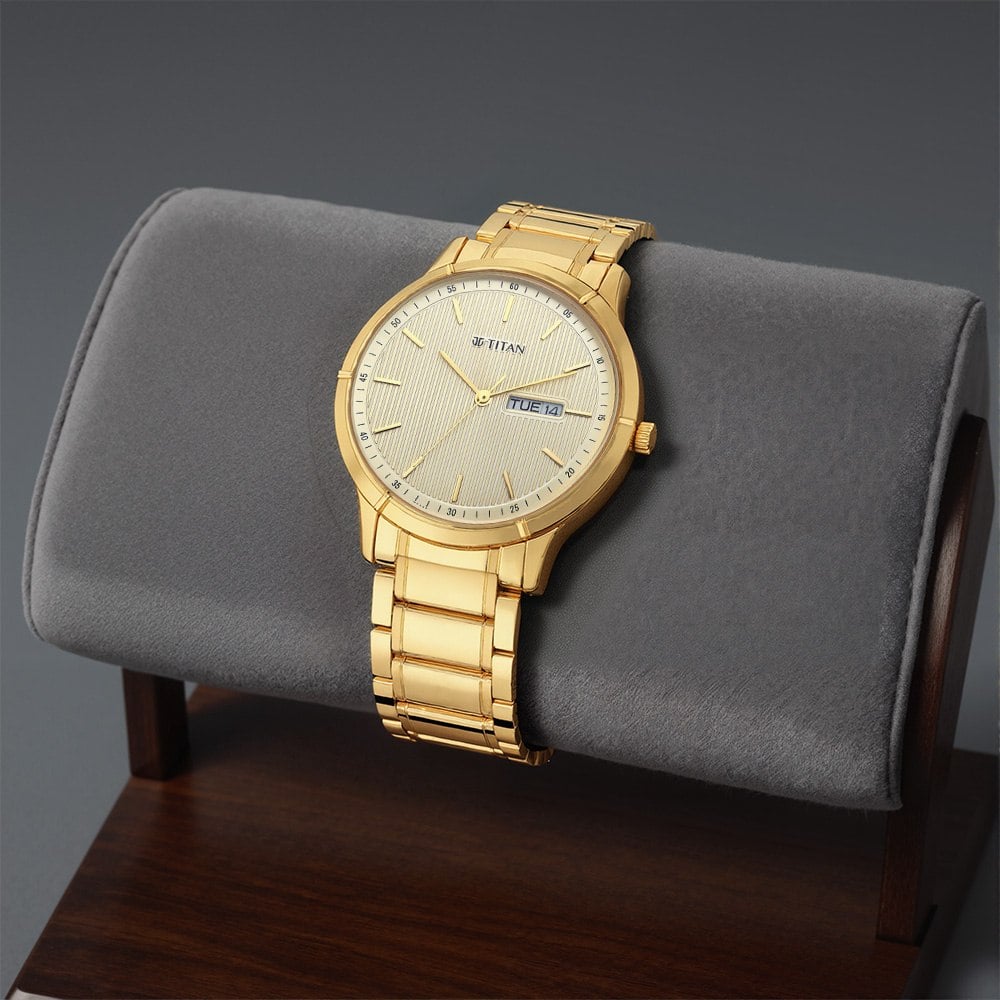 [1775YM02] Titan Lagan Yellow Dial Analog with Day and Date Metal Strap Watch for Men