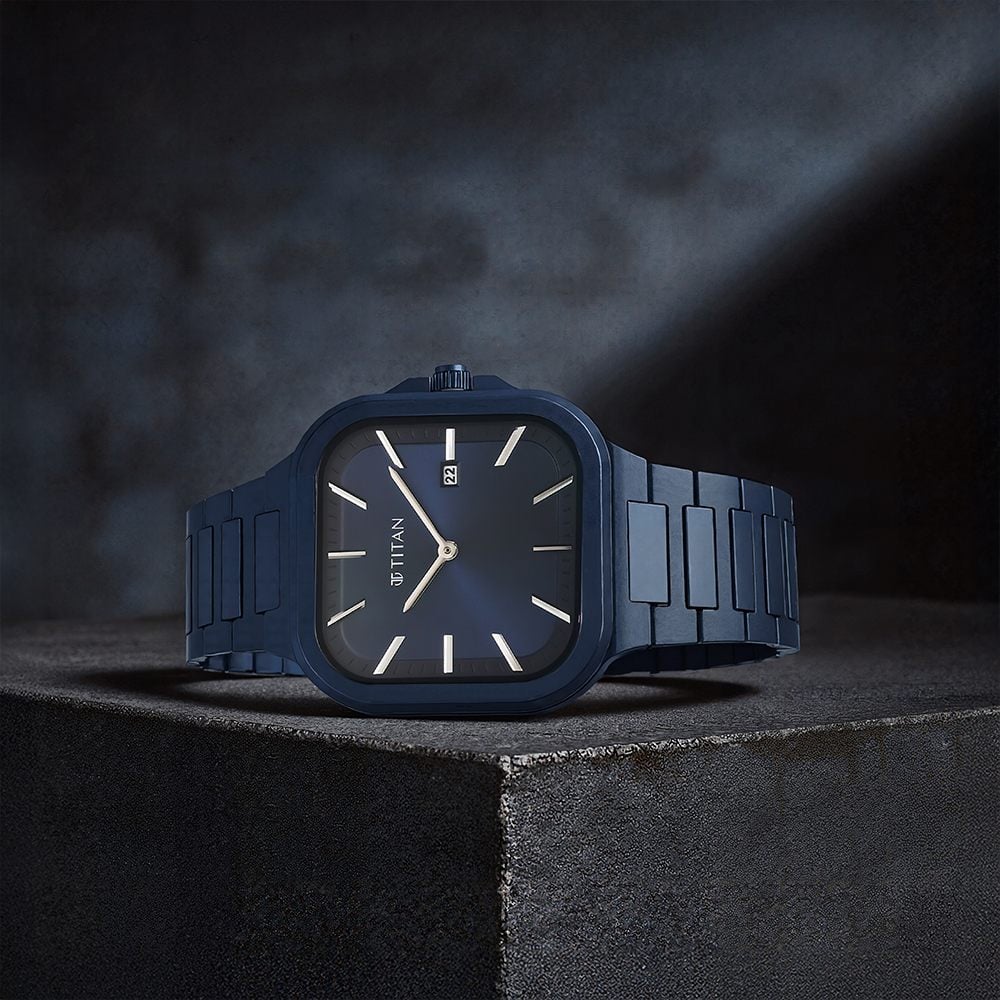 Titan Classique Slim Square Quartz Analog with Date Blue Dial Blue Stainless Steel Strap Watch For Men