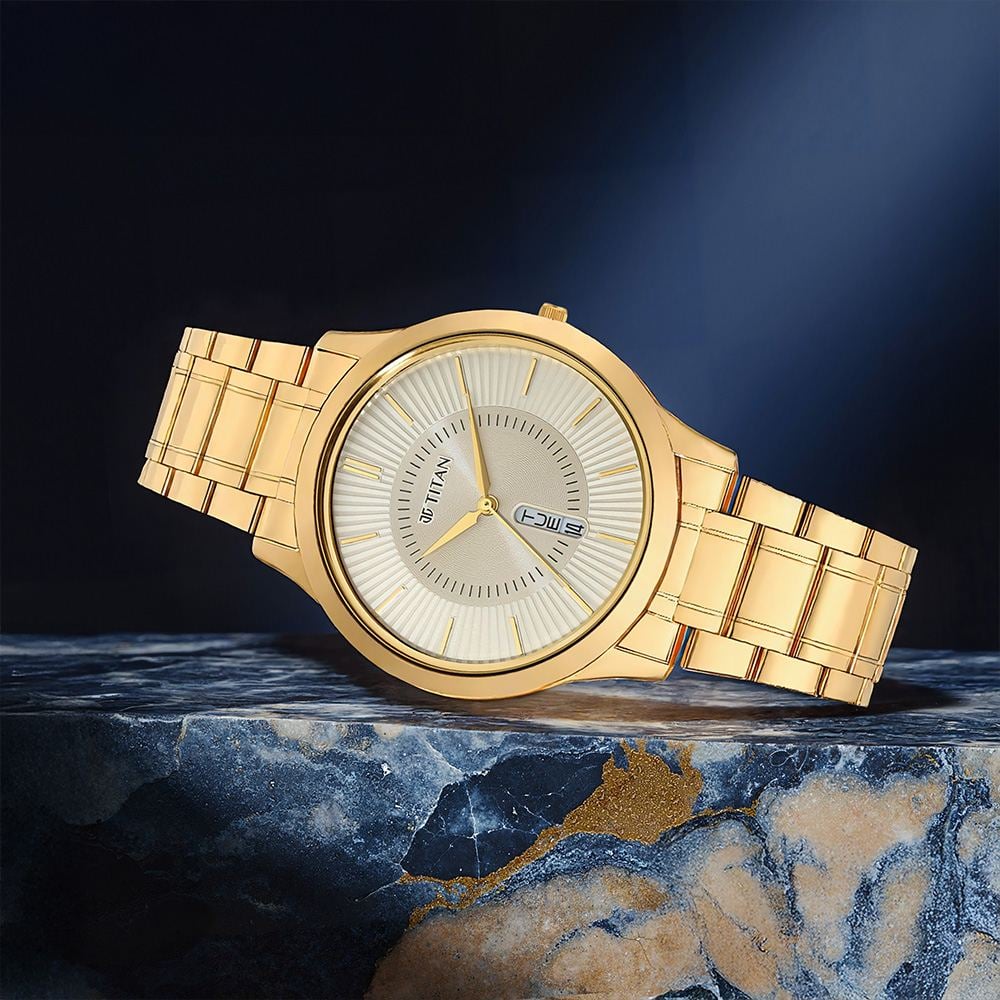 [1845YM01] Titan Quartz Analog with Day and Date Yellow Dial Metal Strap Watch for Men
