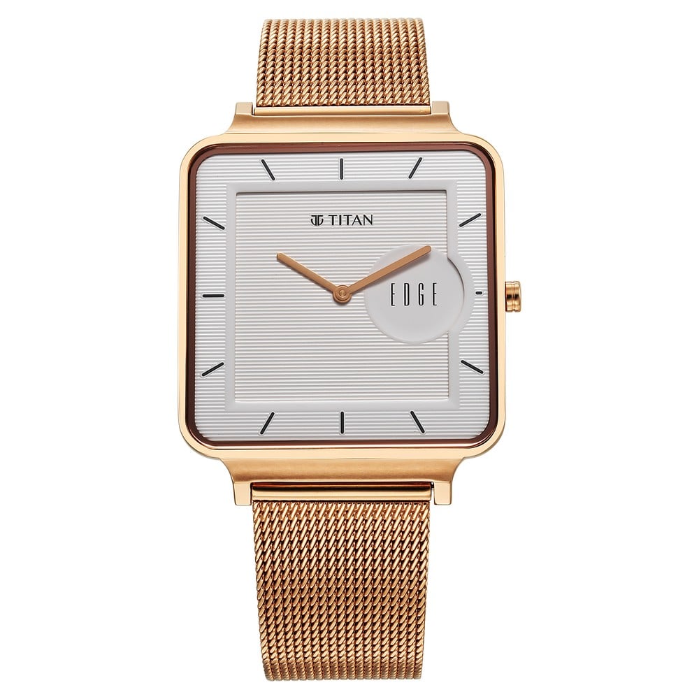 [10017wm01] Titan Edge Quad Quartz Analog White Dial With Rose Gold Stainless Steel Strap Watch For Men