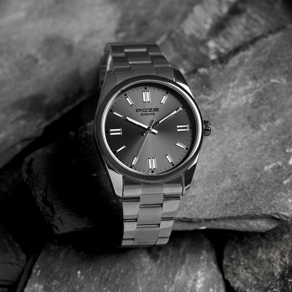 [sp70033qm01] Sonata Poze Quartz Analog Grey Dial Grey Stainless Steel Strap Watch For Men