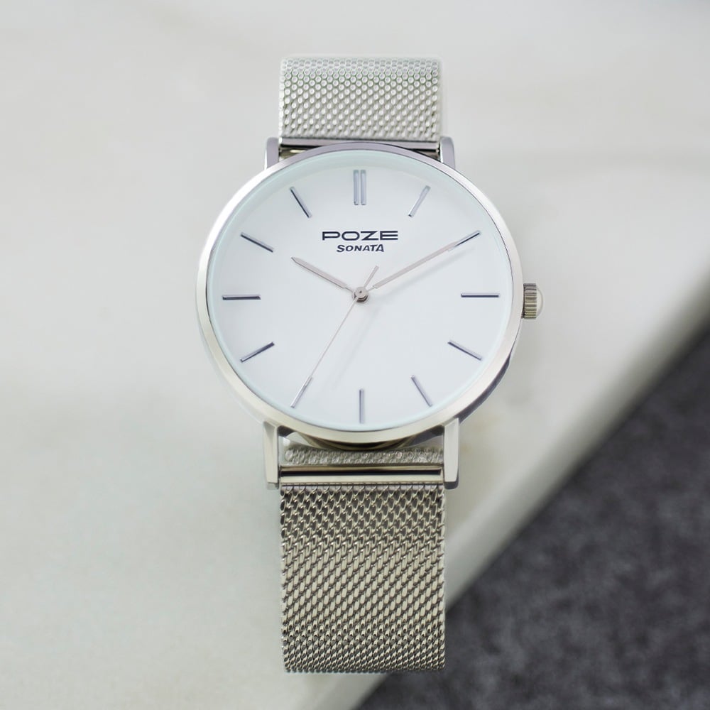 [sp70034sm02] Sonata Poze Quartz Analog White Dial Silver Metal Strap Watch For Men