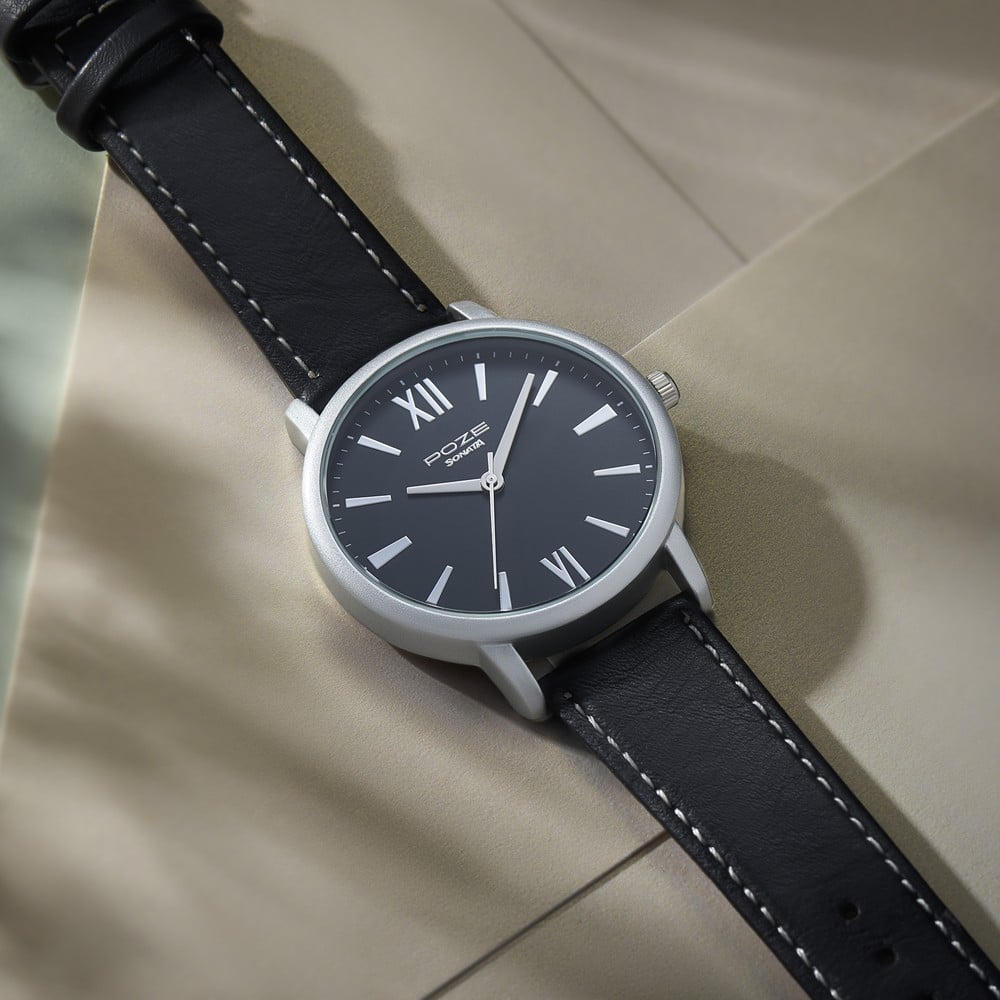 [sp70039sl01] Sonata Poze Quartz Analog Black Dial Leather Strap Watch for Men