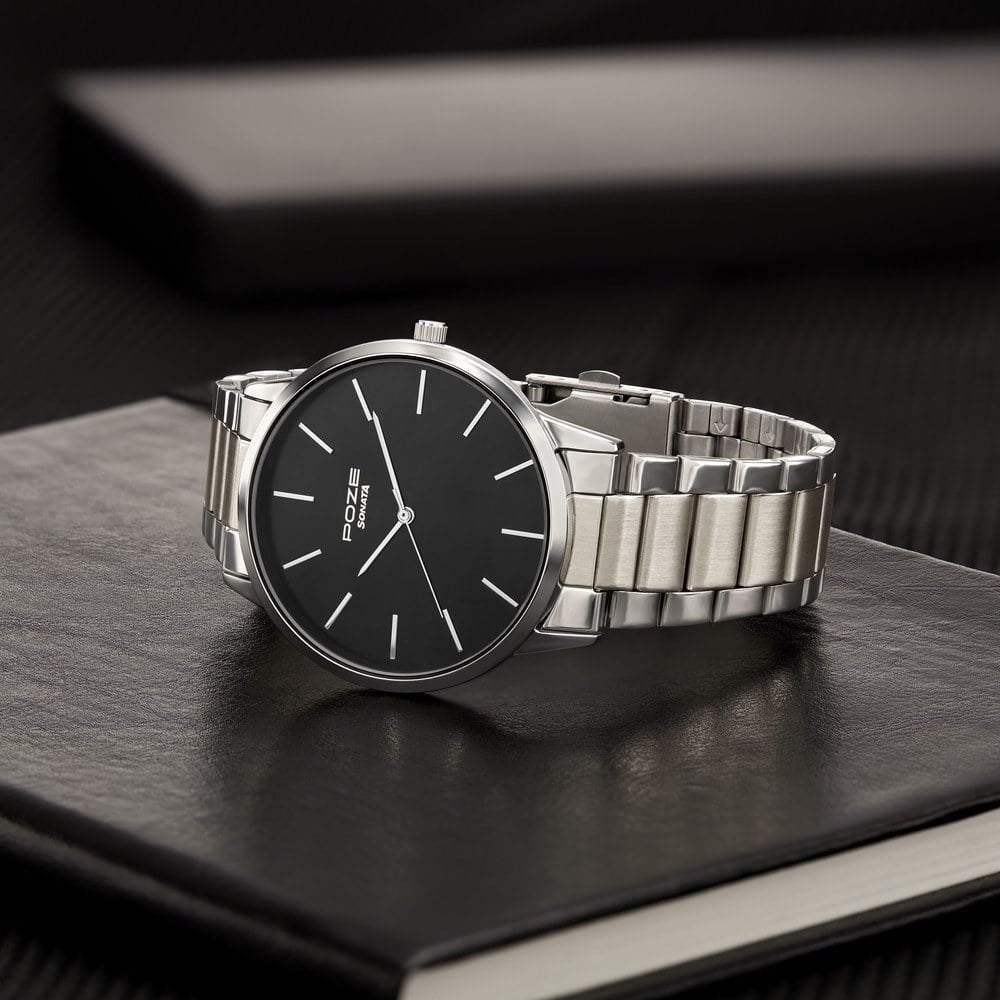 [sp70045sm01] Sonata Poze Quartz Analog Black Dial Silver Color Stainless Steel Strap Watch For Men