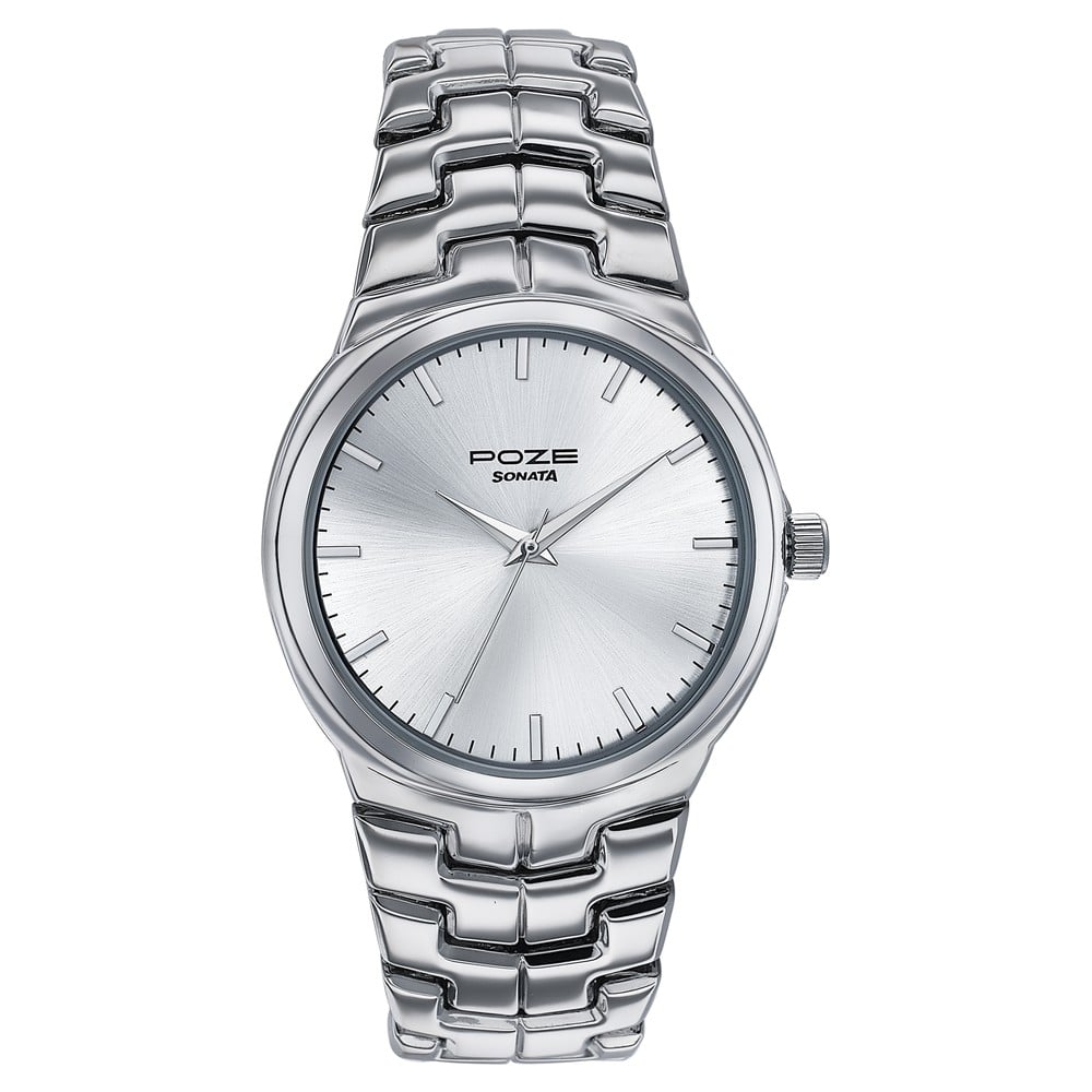 [sp70051sm02w] Sonata Poze Quartz Analog Silver Dial Metal Strap Watch For Men