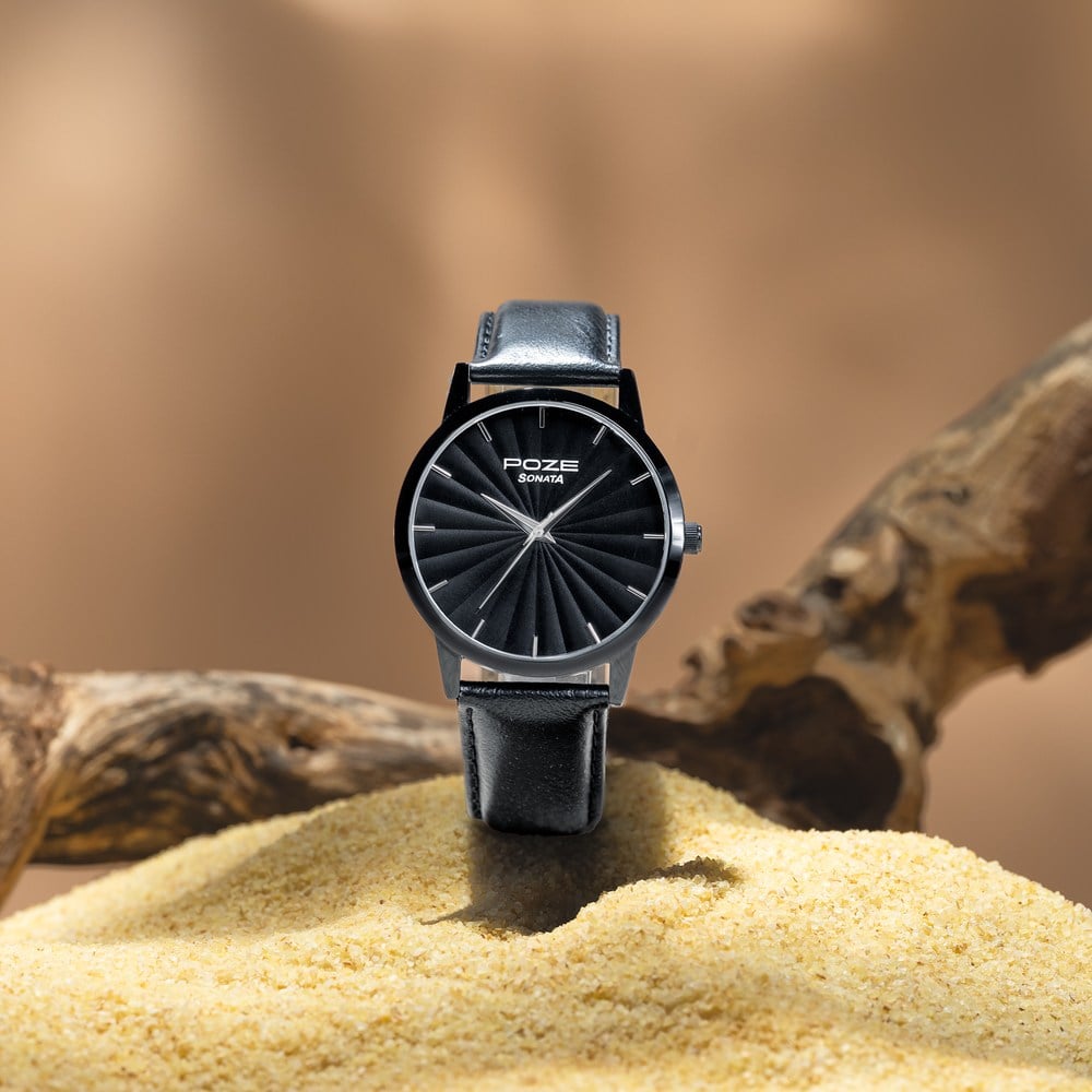 [sp70065nl01] Sonata Poze Quartz Analog Black Dial Leather Strap Watch For Men