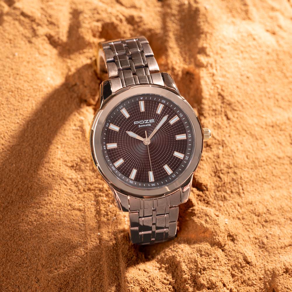 [sp70080km02] Sonata Poze Quartz Analog Brown Dial Brown Metal Strap Watch For Men