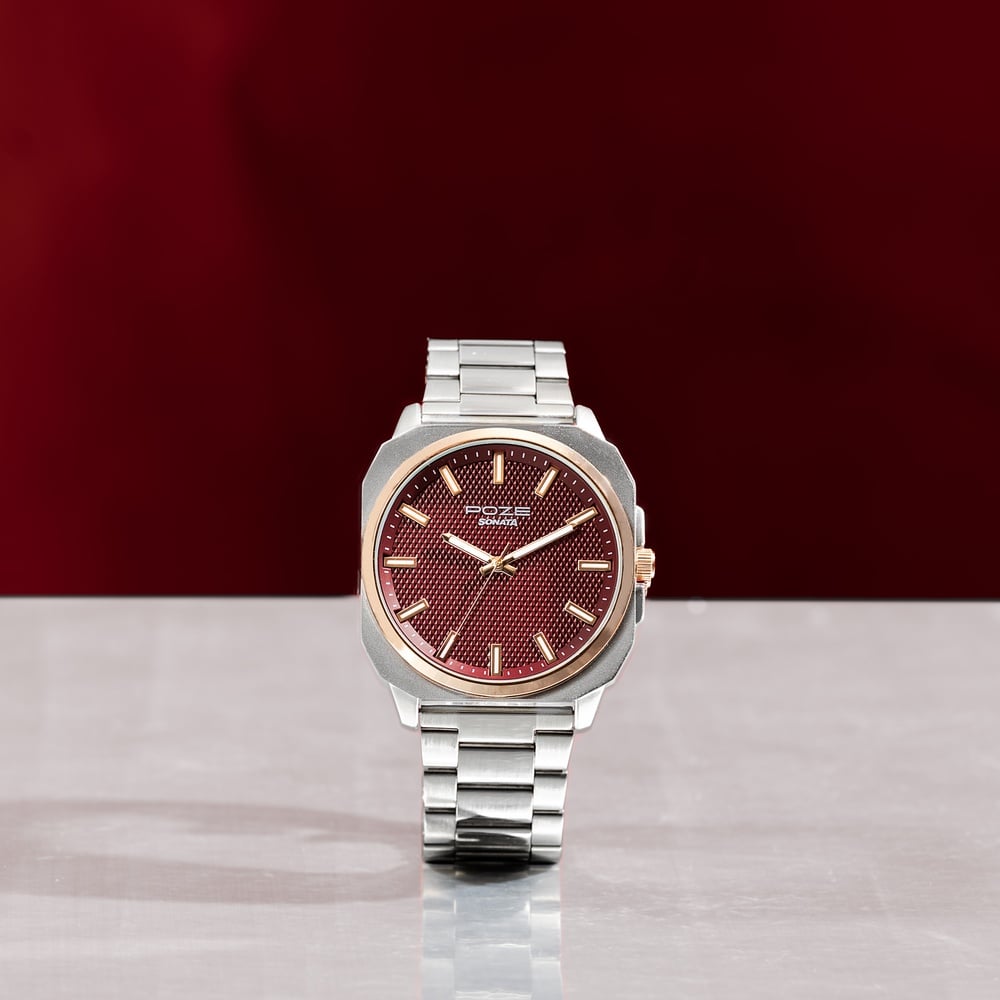 [sp70087km01] Sonata Poze Quartz Analog Red Dial Silver Metal Strap Watch For Men