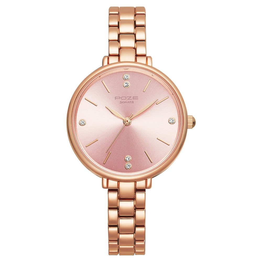 Poze by Sonata Quartz Analog Pink Dial Metal Strap Watch for Women