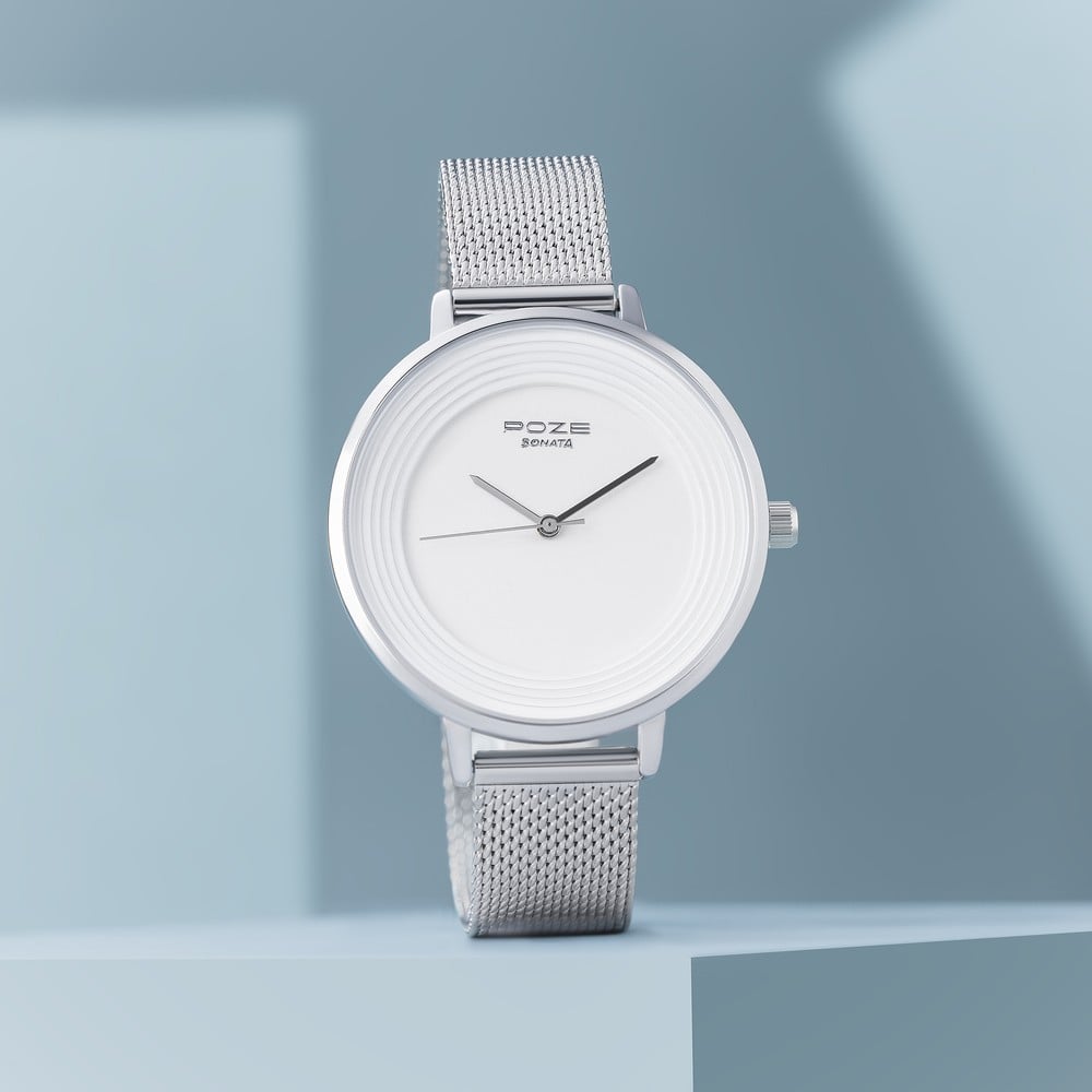 Sonata Poze Quartz Analog Silver Dial Mesh Strap Watch for Women