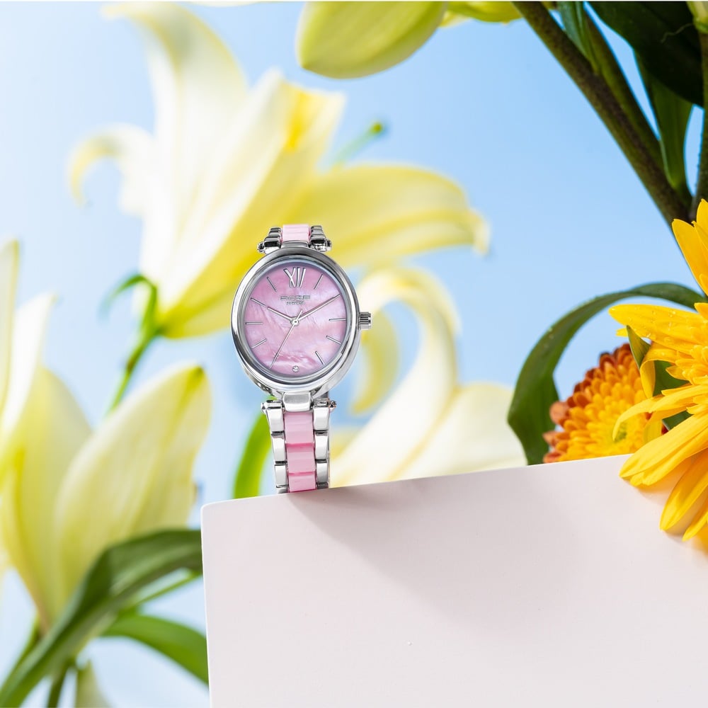 [sp80095sm01] Sonata Poze Quartz Analog Pink Mother Of Pearl Dial Bimetal Strap Watch For Women