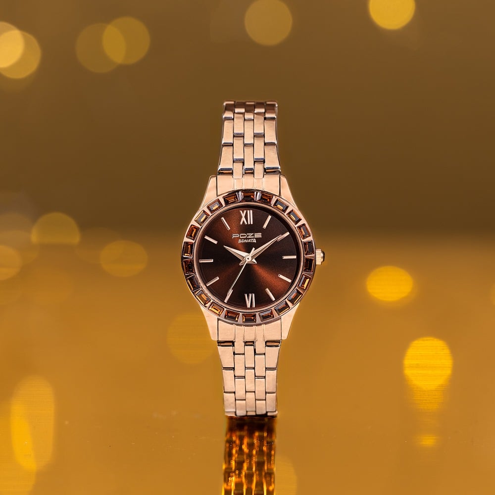 [sp80134wm01] Sonata Poze Quartz Analog Brown Dial Rose Gold Metal Strap Watch For Women