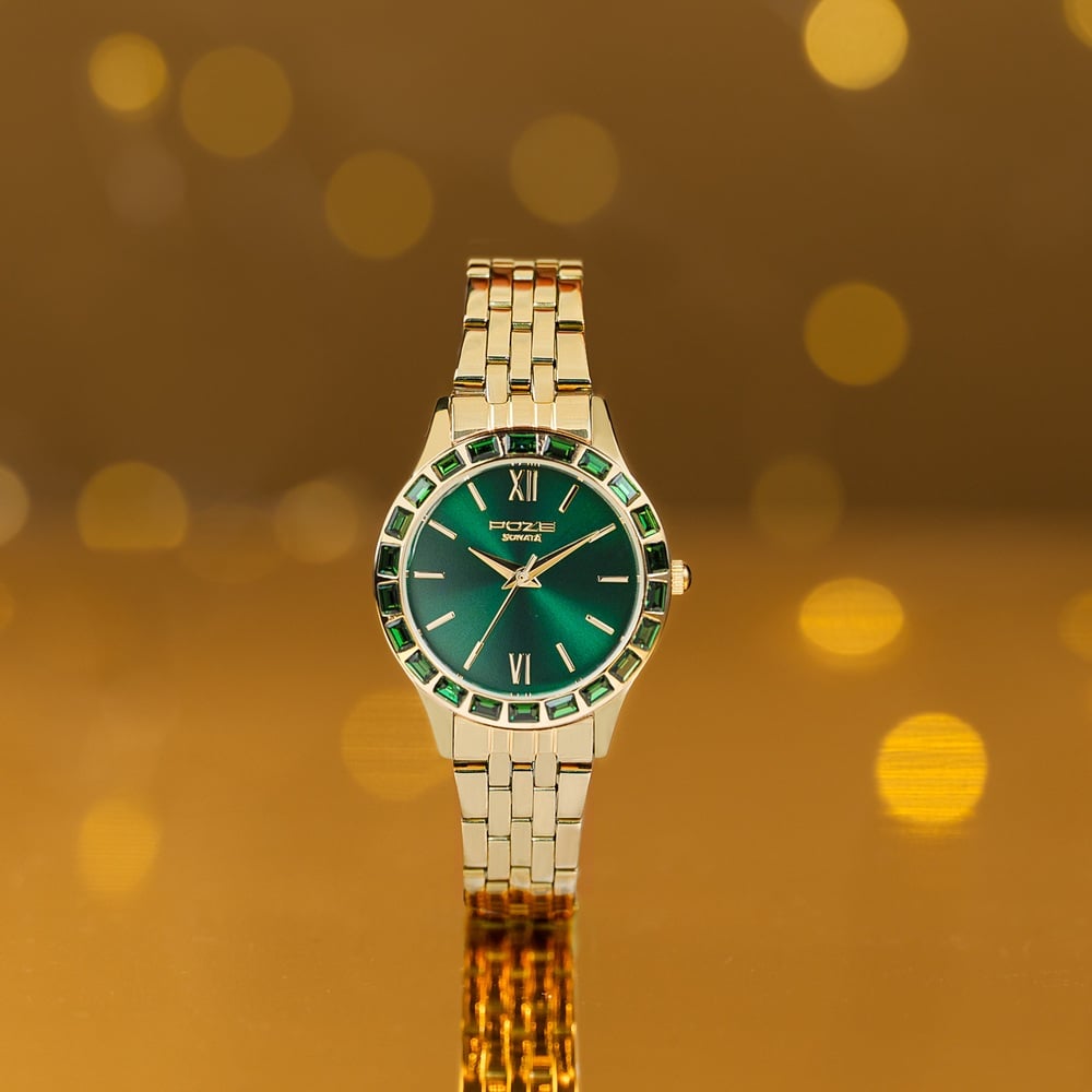 Sonata Poze Quartz Analog Green Dial Golden Metal Strap Watch For Women