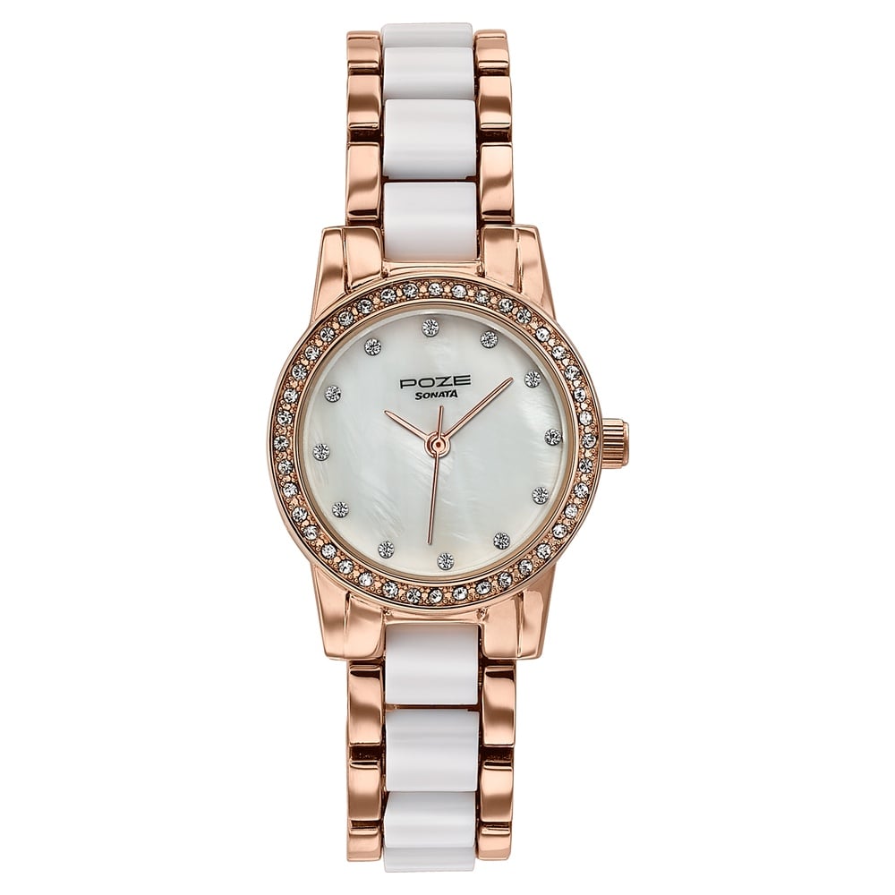 [sp80136kd02w] Sonata Poze Quartz Analog Black Dial Two Toned Metal & Plastic Strap Watch For Women