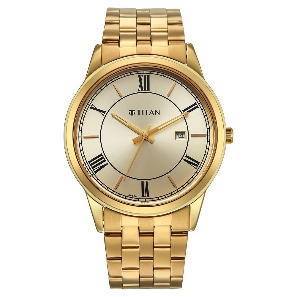 Titan Karishma Festive Analog with Green Dial Full Roman Numerals Yellow Gold Stainless Steel Strap Watch for Men