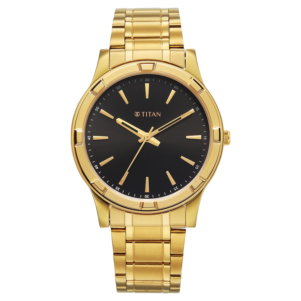 [10058YM01] Titan Karishma Quartz Analog Green Dial Golden Stainless Steel Strap Watch For Men