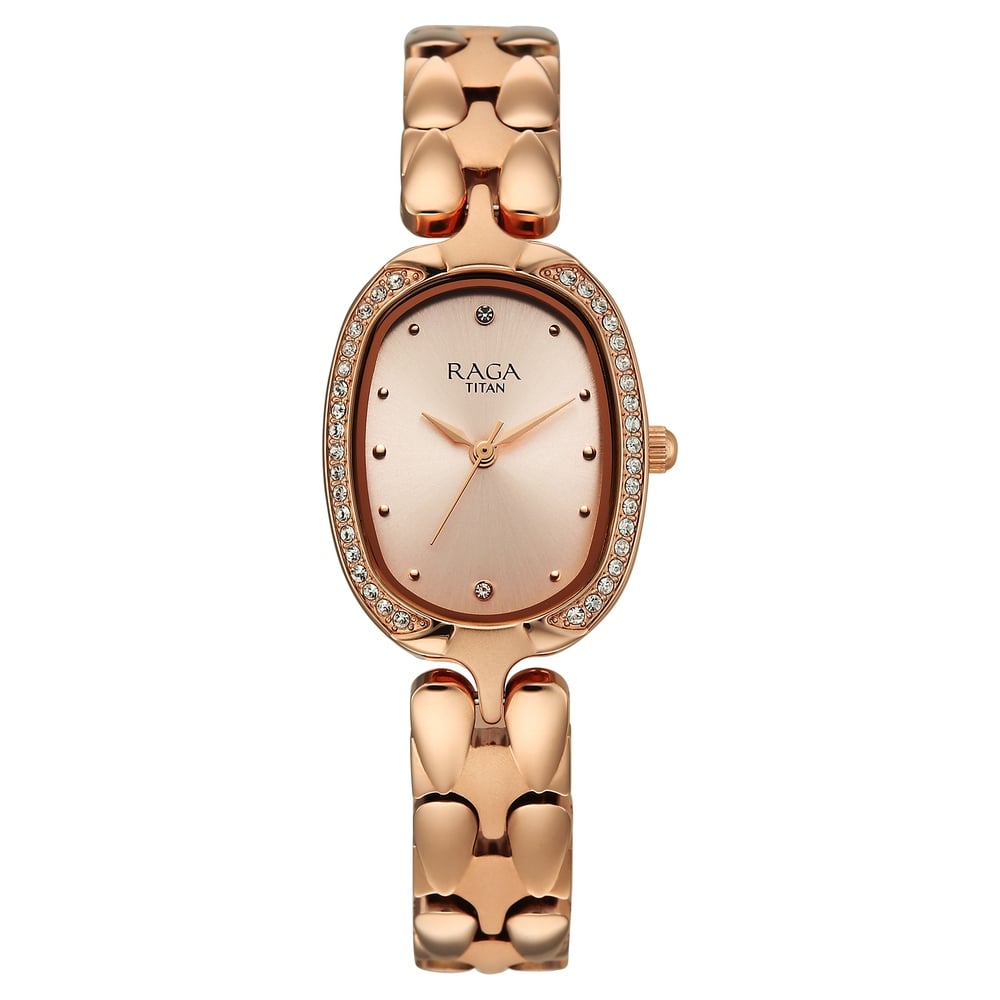 [95347wm01] Titan Raga Showstopper Quartz Analog Rose Gold Dial Rose Gold Metal Strap Watch For Women