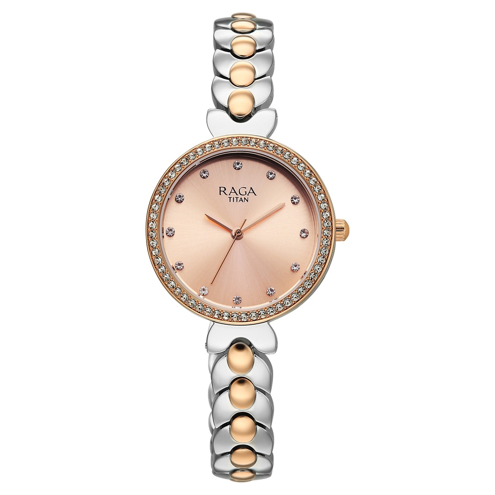 [95357km01] Titan Raga Showstopper Quartz Analog Rose Gold Dial Two Toned Metal Strap Watch For Women