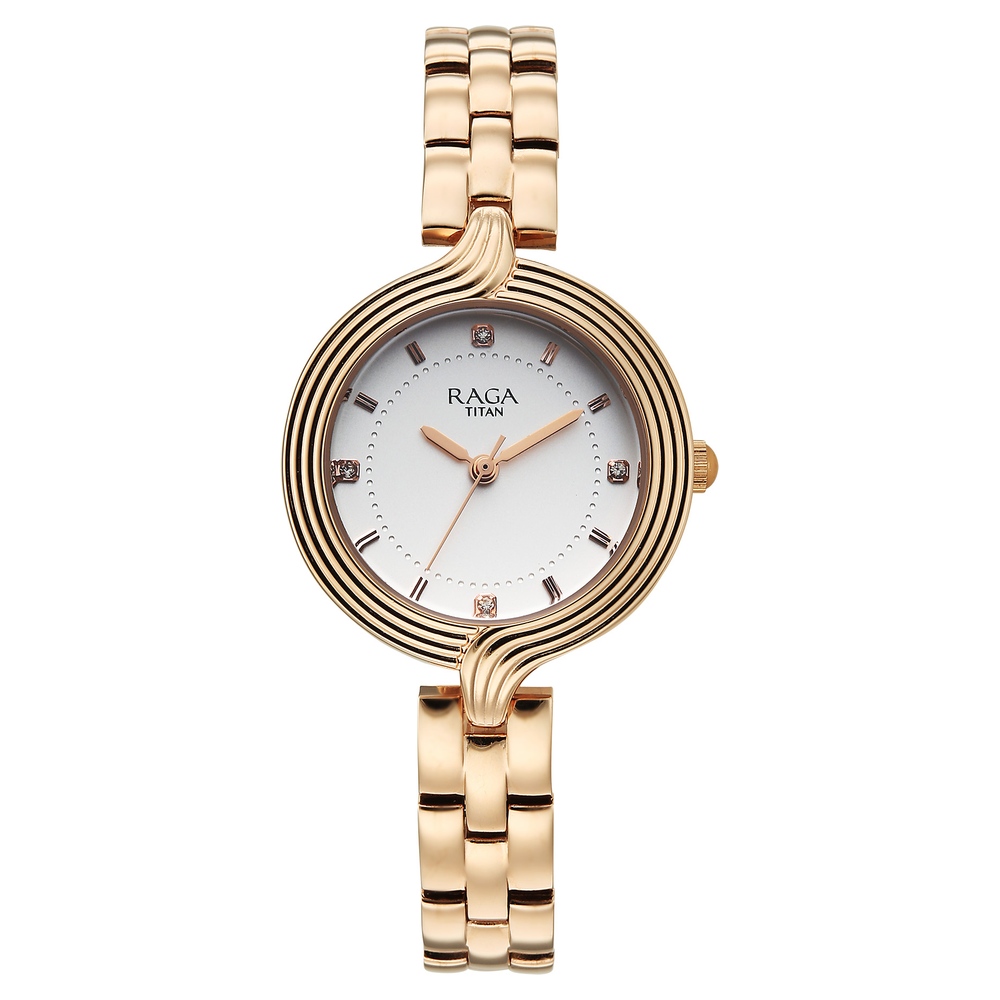 Titan Raga Showstopper Quartz Analog White Dial Rose Gold Metal Strap Watch For Women