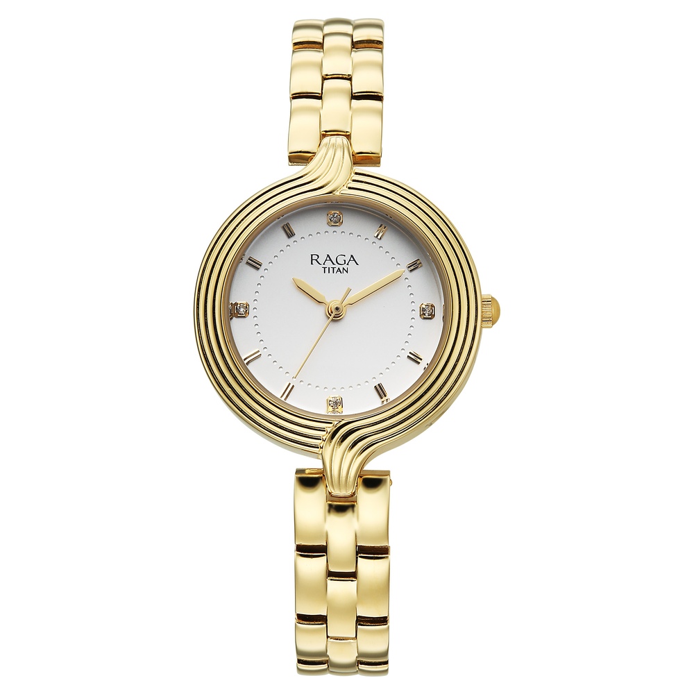 [95346YM01] Titan Raga Showstopper Quartz Analog White Dial Rose Gold Metal Strap Watch For Women