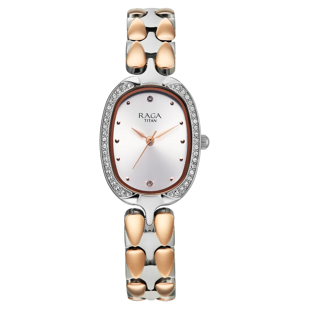 [95347km01] Titan Raga Showstopper Quartz Analog Silver Dial Two Toned Metal Strap Watch For Women