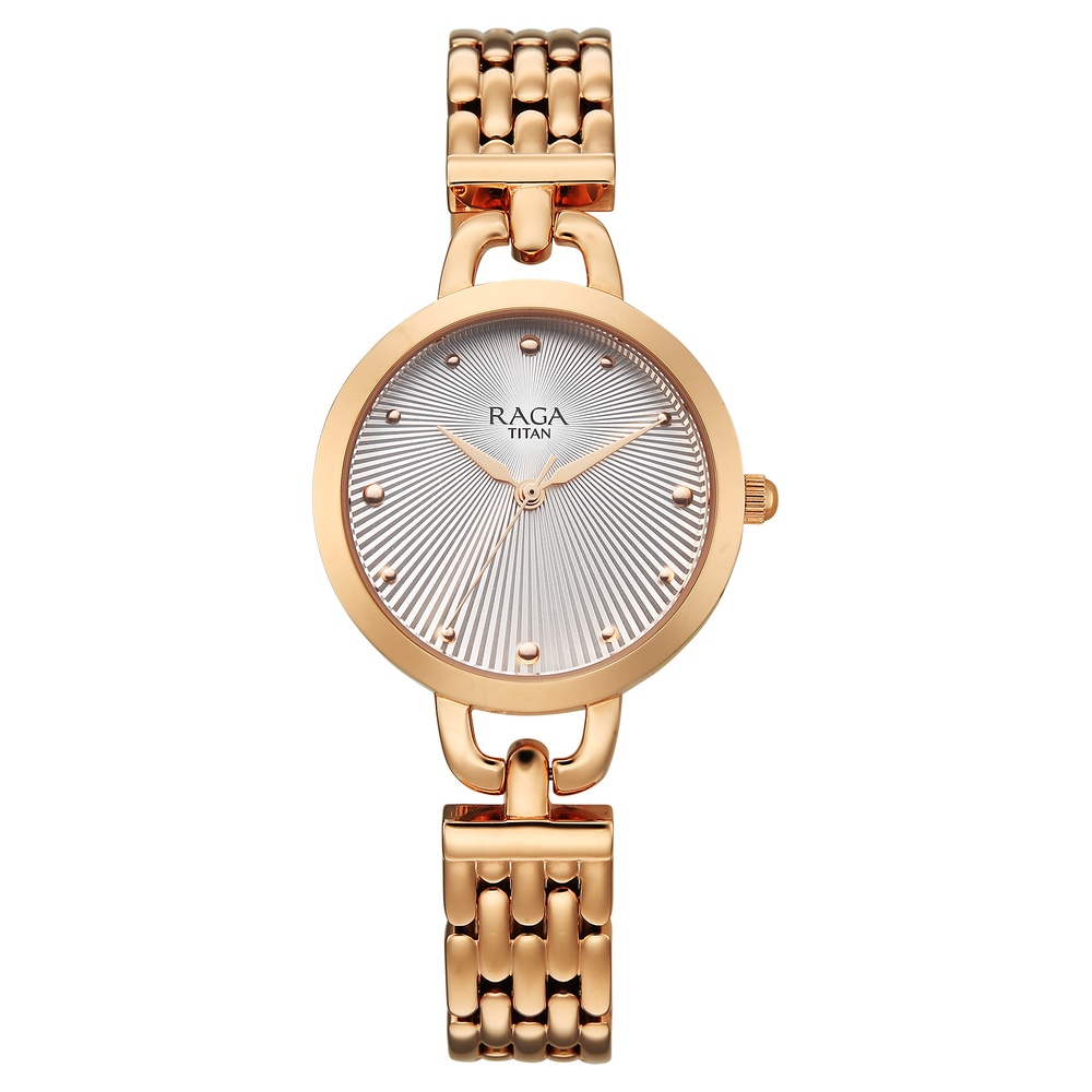 [95349wm01] Titan Raga Showstopper Quartz Analog Silver Dial Rose Gold Metal Strap Watch For Women