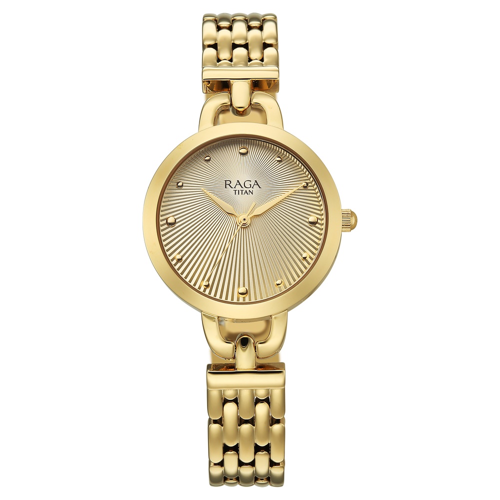 [95349ym01] Titan Raga Showstopper Quartz Analog Silver Dial Golden Metal Strap Watch For Women
