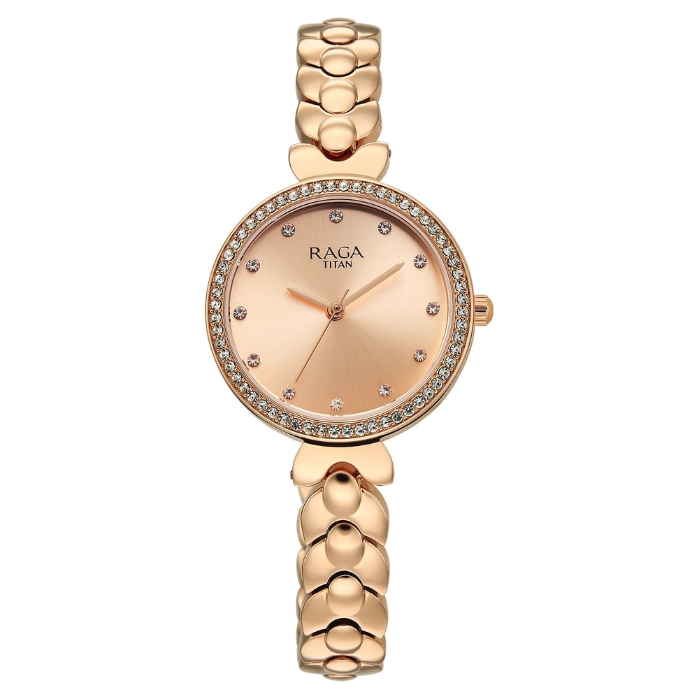 [95357wm01] Titan Raga Showstopper Quartz Analog Rose Gold Dial Rose Gold Metal Strap Watch For Women