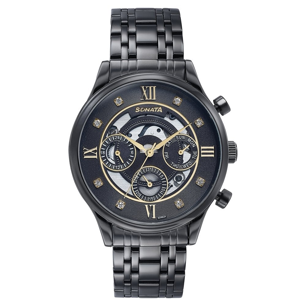 Sonata Quartz Multifunction Black Dial Stainless Steel Strap Watch For Men